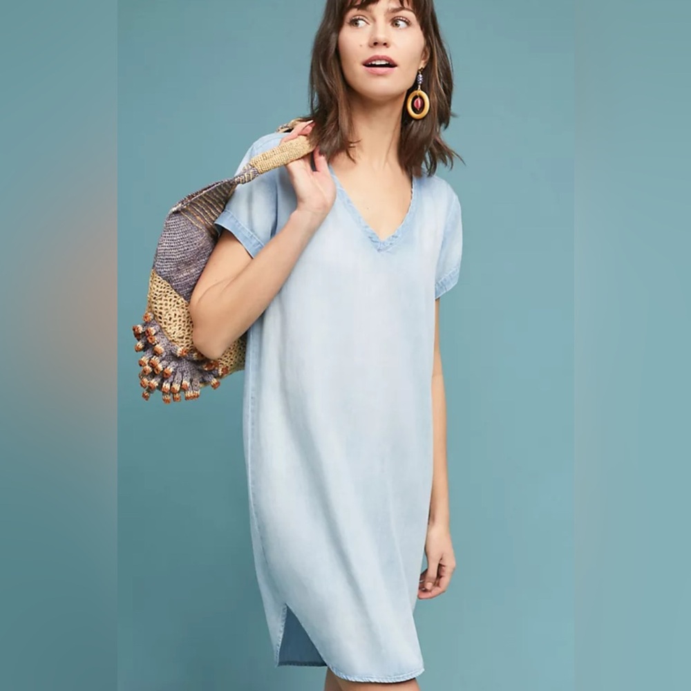 Cloth and Stone Anthropologie Shift Dress Blue Pink Linen Blend Medium